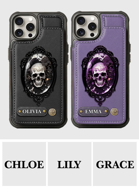 Étui portefeuille personnalisé en forme de crâne à motif floral gothique - Étui de téléphone à tête de mort -