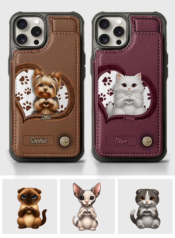 Étui portefeuille/téléphone personnalisé pour chien avec motif de cœur formé par un chiot ou un chaton