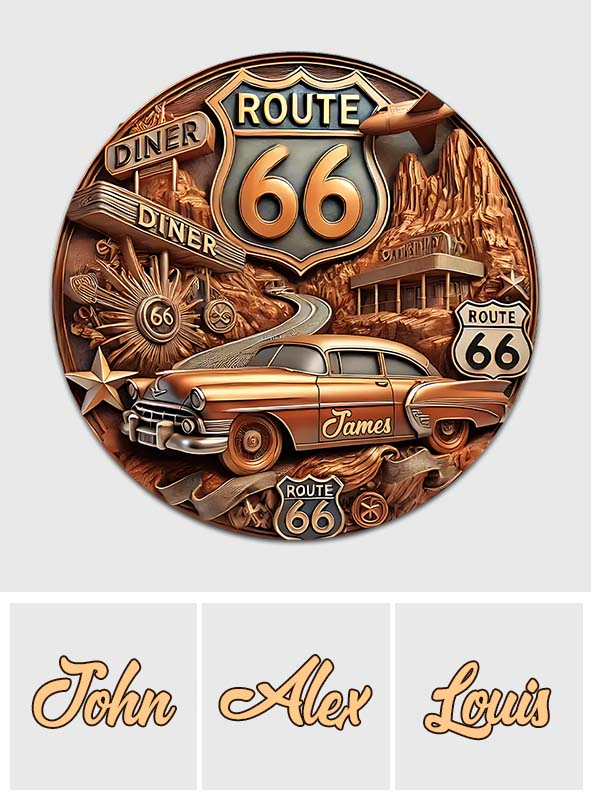 Vintage Route 66 - Personalized Muscle Car Round Wood Sign