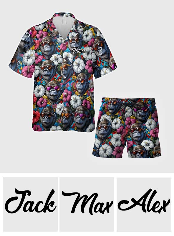 Ambiance estivale Bigfoot - Chemise hawaïenne de randonnée personnalisée et short pour homme