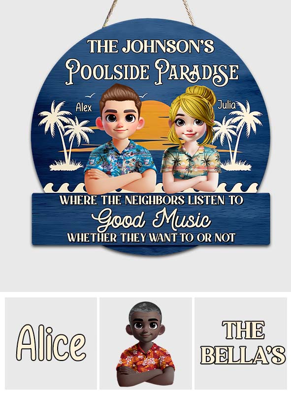 Poolside Paradise - Personalized Couple Custom Shaped Wood Sign