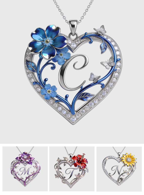 Inital Necklace, Birth Month Flowers - Personalized Birth Month Flower Shaped Metal Pendant Necklace