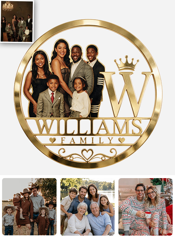 Custom Family Photo & Initial Gold Sign - Personalized Family Cut Metal Sign