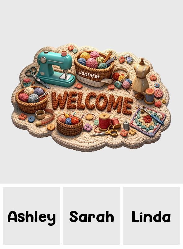 Cadeau idéal pour les passionnés de couture : paillasson/tapis de porte personnalisé en forme de point de couture.