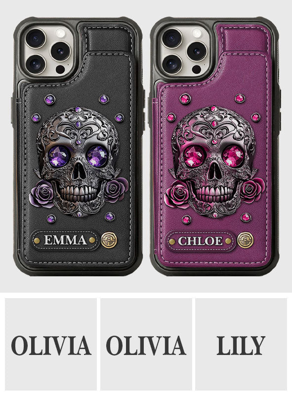 Étui portefeuille personnalisé avec tête de mort et roses