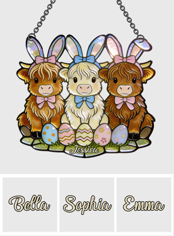 Easter Day Highland Cow - Personalized Highland Cow Window Hanging Suncatcher Ornament