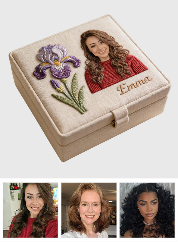 Boîte à bijoux personnalisée avec photo et fleur pour votre anniversaire - Coffret à bijoux « Amour de soi »