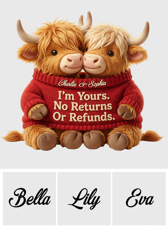 Je suis à toi. Ni retour ni remboursement - Coussin personnalisé en fausse fourrure en forme de vache des Highlands