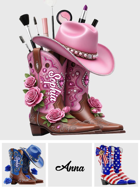 Cowgirl Boots - Personalized Cowgirl Wooden Makeup Brush Holder