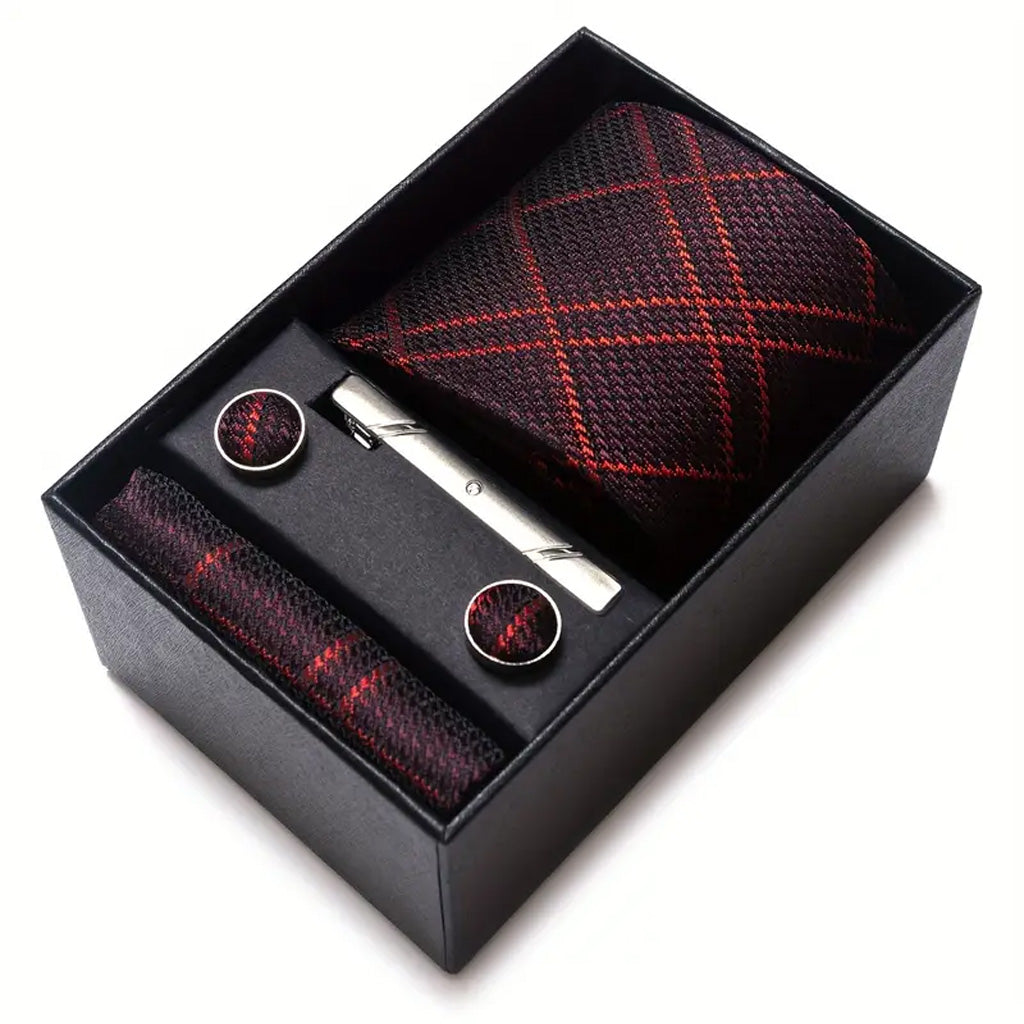 Coffret cadeau cravate avec mouchoir, boutons de manchette et pince à cravate