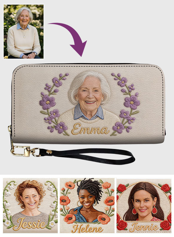 Portefeuille long en cuir personnalisé avec fleur de naissance et nom - Amour de soi