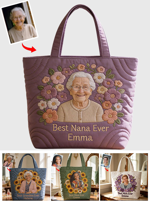 Floral Portrait Quilted Tote - Personalized Grandma Quilted Tote Bag