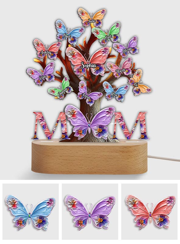Plaque lumineuse personnalisée « Papillons colorés Maman » - Socle lumineux en forme de mère