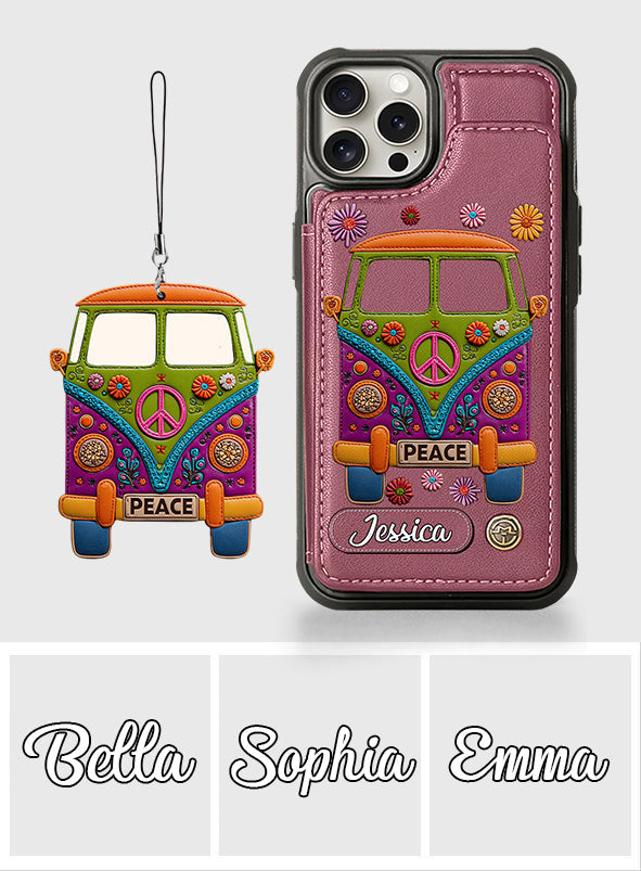 Peace Bus - Étui portefeuille hippie personnalisé avec breloque en cuir