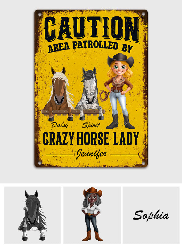 Zone patrouillée par une cavalière passionnée - Panneau métallique rectangulaire personnalisé à motif cheval
