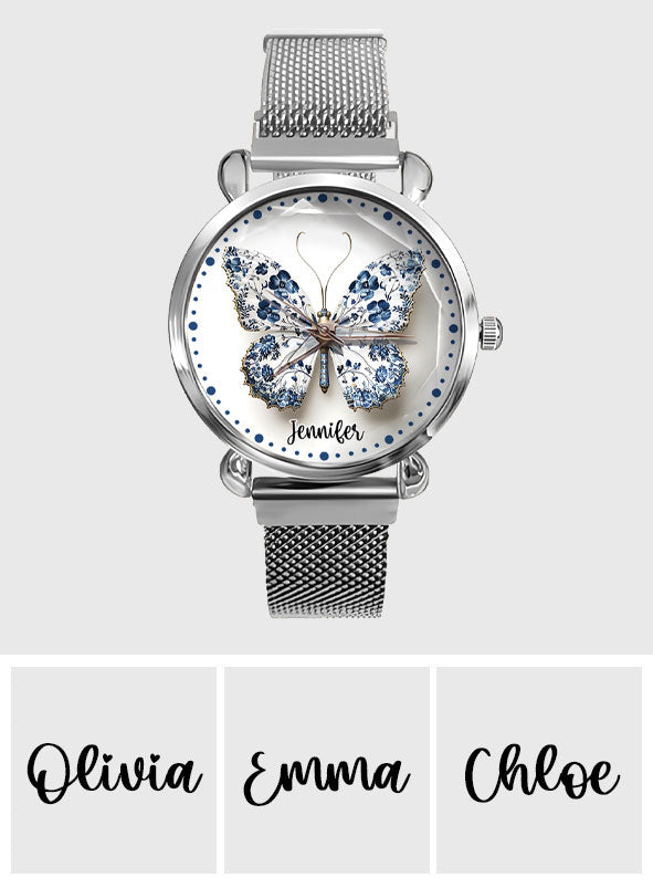 Montre-bracelet papillon personnalisée style Toile de Jouy pour femme