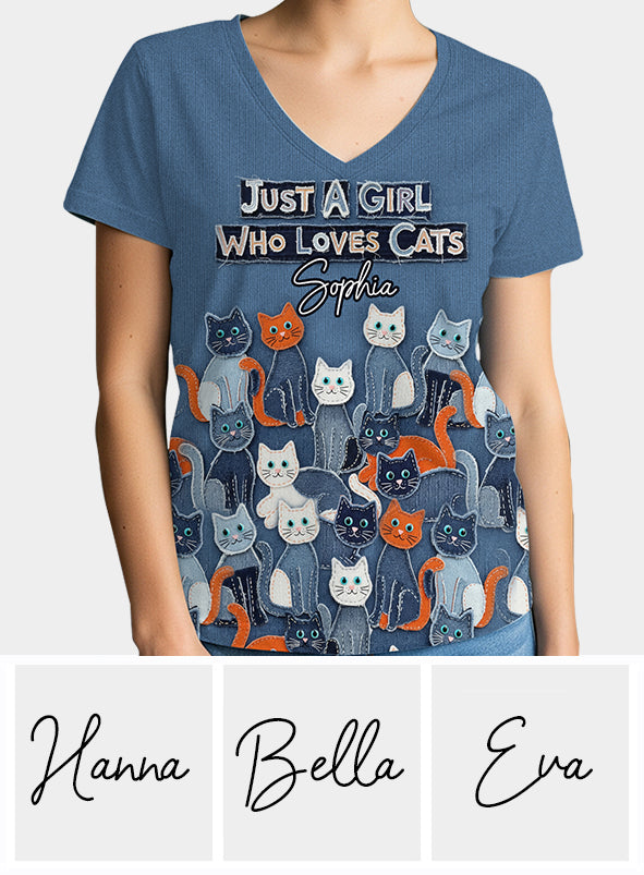 Juste une fille qui aime les chats - T-shirt à col en V entièrement imprimé avec un chat personnalisé