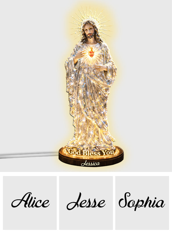 Sacré-Cœur de Jésus, que Dieu vous bénisse - Veilleuse LED chrétienne personnalisée en acrylique