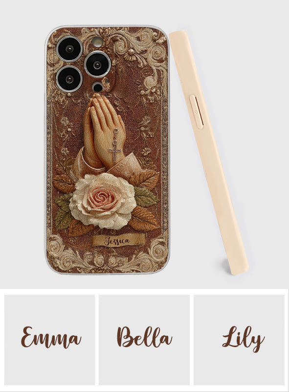 Étui de téléphone chrétien personnalisé en cuir avec mains jointes et roses