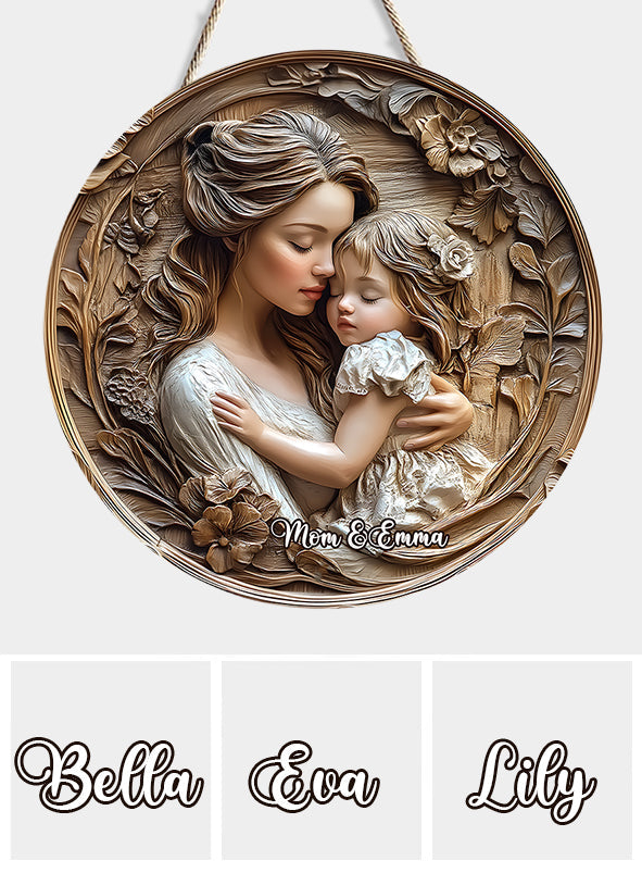 Mère et fille - Panneau rond en bois personnalisé pour maman