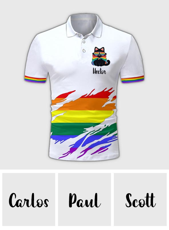 Pride Cat Shirt, Retro Rainbow Colors - Personalized LGBT Support Polo Shirt