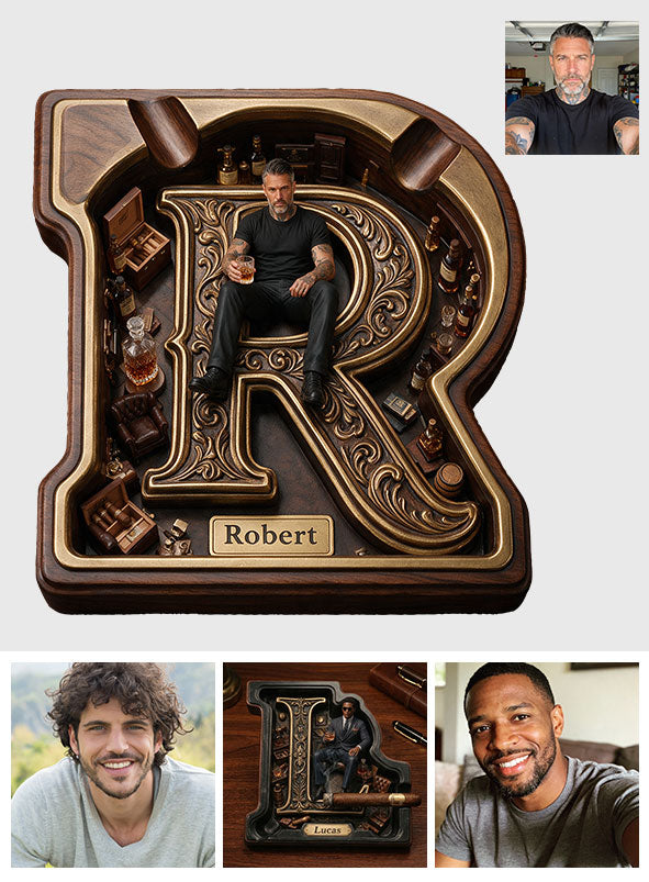 Any Photo Monogram Ashtray - Personalized Real Men Wood Tray