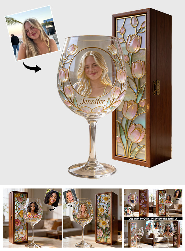 Coffret de verres à vin personnalisés avec photo et fleur pour votre mois de naissance - Coffret en bois « Amour de soi »
