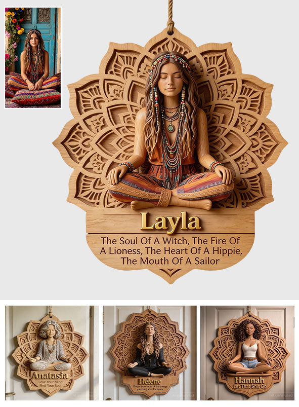 Méditation Soul Mandala - Panneau en Bois Personnalisé en Forme de Hippie