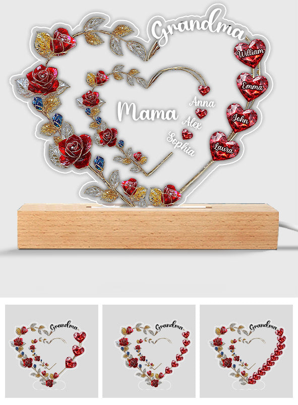 Cœur floral « Grand-mère Maman » - Plaque lumineuse personnalisée en forme de grand-mère
