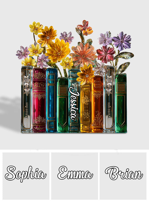 Livres et fleurs - Plaque acrylique personnalisée en forme de livre