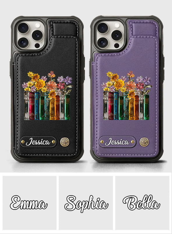 Étui portefeuille personnalisé « Livres et fleurs »