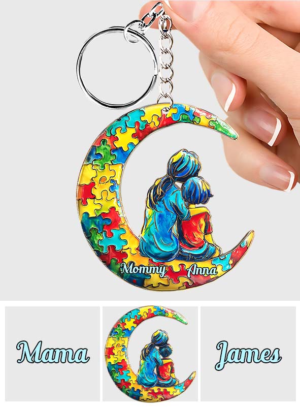 Autism Mom And Kid - I Love You To The Moon And Back - Personalized Autism Awareness Keychain
