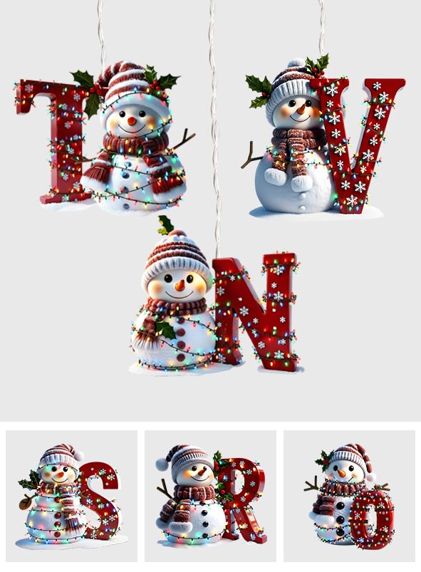 Alphabet initial bonhomme de neige mignon - Ornement lumineux LED personnalisé pour la famille