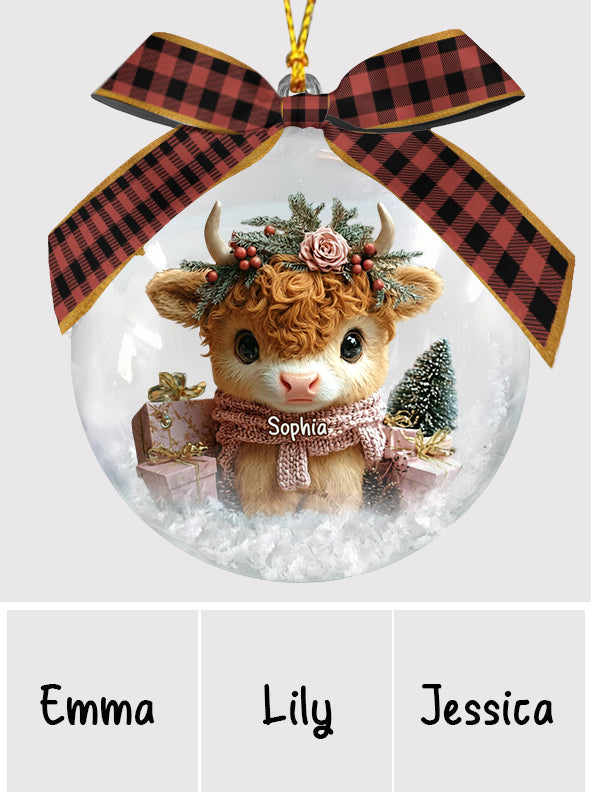 Highland Cow Christmas - Personalized Highland Cow Snow Globe Ornament With Bow