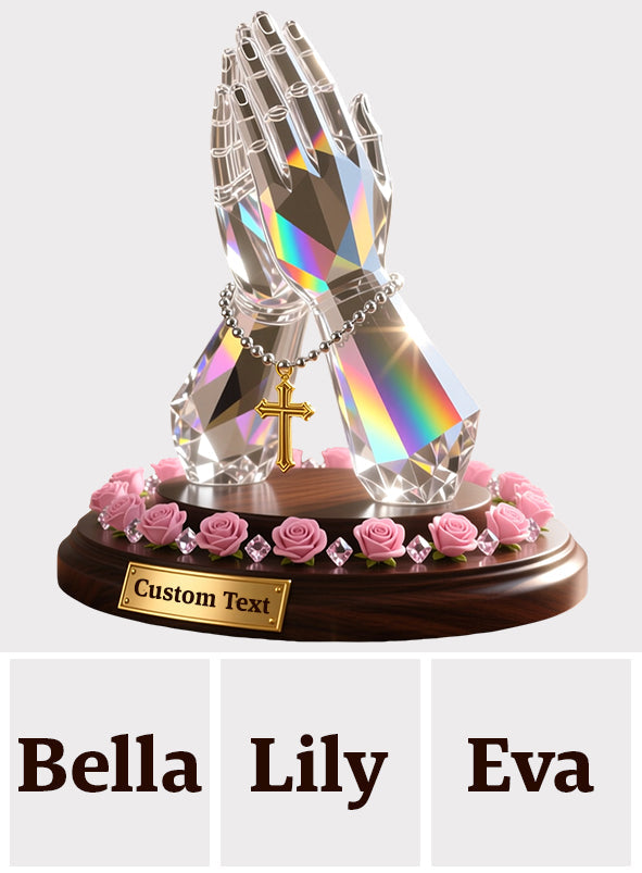 Mains en prière avec roses - Plaque acrylique chrétienne personnalisée en forme de main