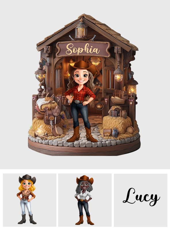 La grange de la cowgirl - Plaque en bois personnalisée en forme de cowgirl