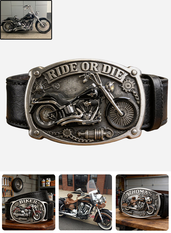Custom From Any Photo - Personalized Biker Leather Belt With Shaped Buckle