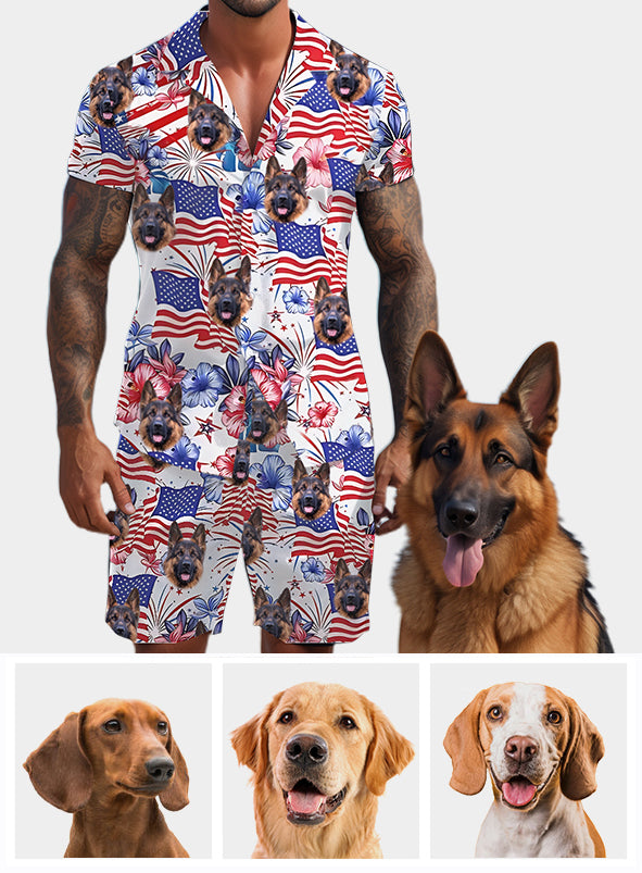 Chemise hawaïenne personnalisée pour chien et short pour homme « Chien patriotique » - Modèles patriotiques