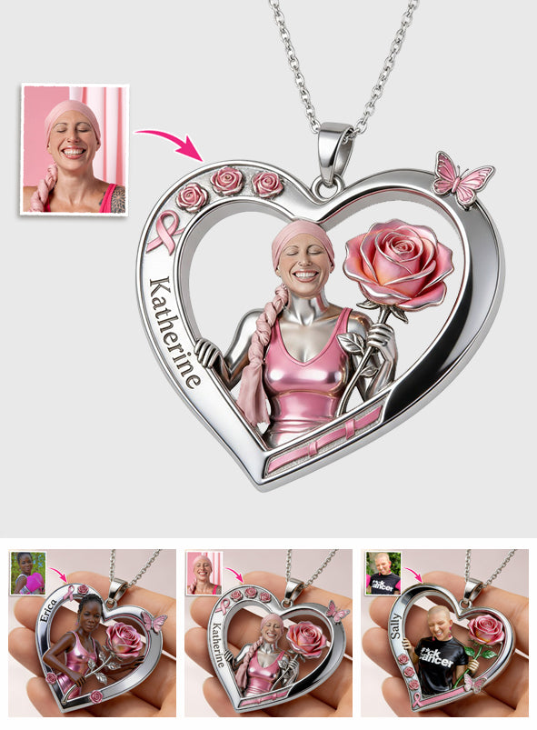 Any Photo Pink Ribbon Survivor - Personalized Breast Cancer Awareness Shaped Metal Pendant Necklace