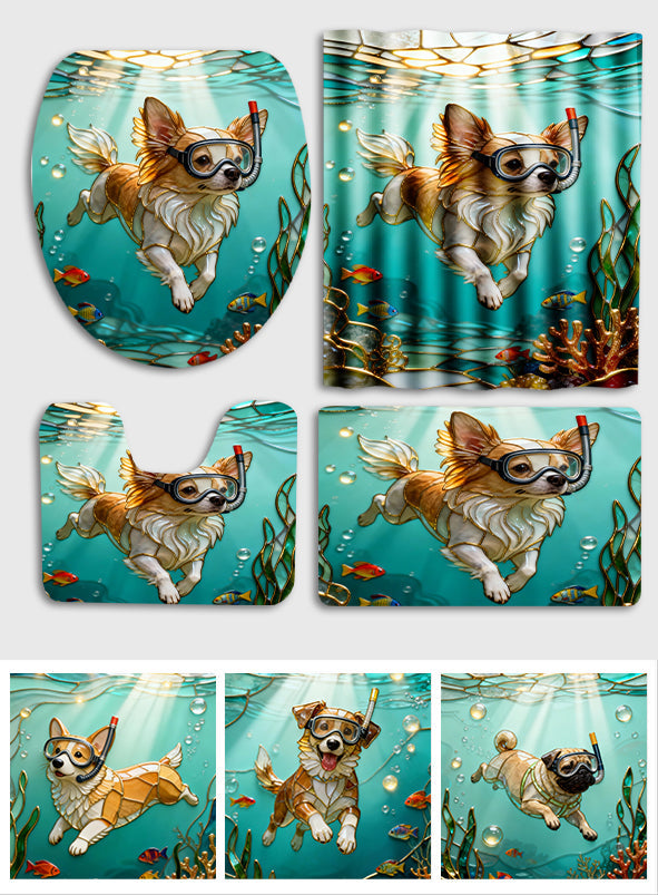 Diving To The Beach - Personalized Dog Bathroom Curtain & Mats Set