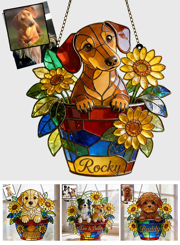 Cute Pet And Flowers - Personalized Dog Window Hanging Suncatcher Ornament