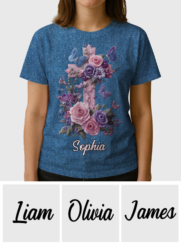 Croix et fleurs - Style élégant honorant la foi - T-shirt chrétien personnalisé