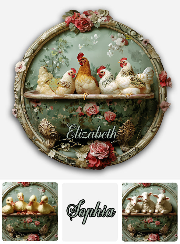 Animaux de la ferme fleuris - Panneau métallique personnalisé découpé à la main