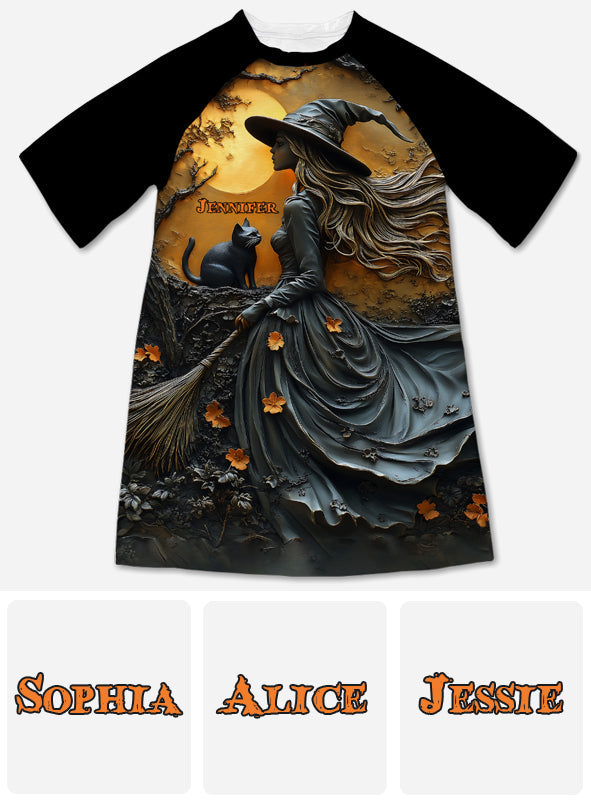 Belle sorcière et son chat noir - Robe-t-shirt de nuit personnalisée Sorcière