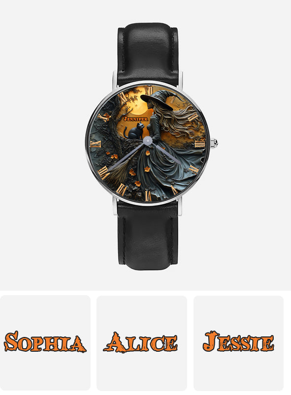 Belle sorcière et son chat noir - Montre-bracelet sorcière personnalisée