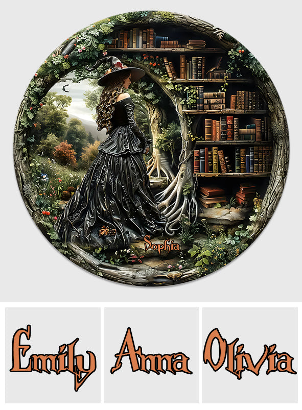 Une sorcière qui aime les livres - Panneau rond en bois personnalisé « Juste une sorcière qui aime les livres »