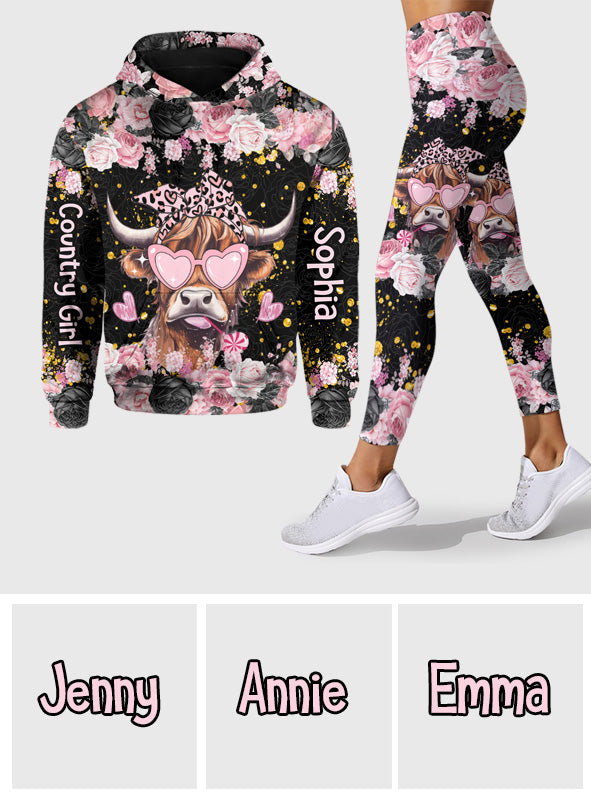 Noir et rose - Ensemble sweat à capuche et legging personnalisés Highland Cow