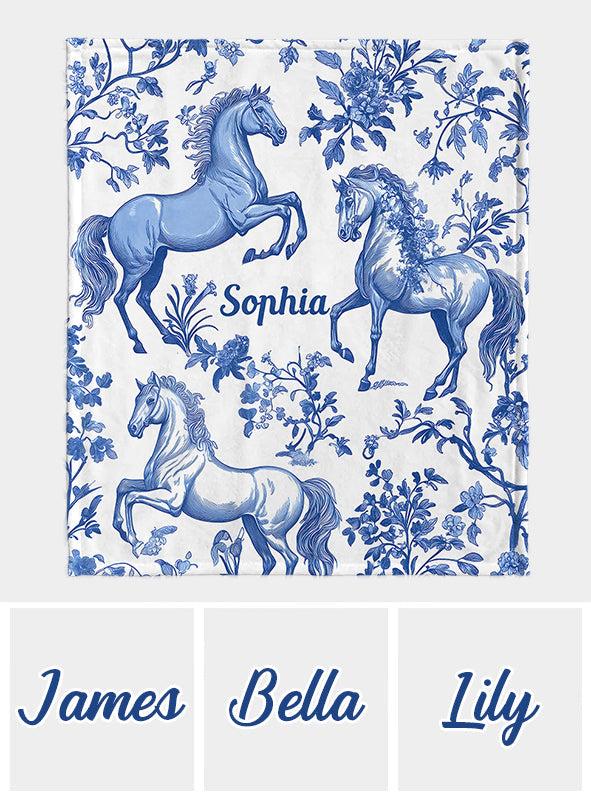 Couverture personnalisée pour cheval Toile de Jouy bleue et blanche