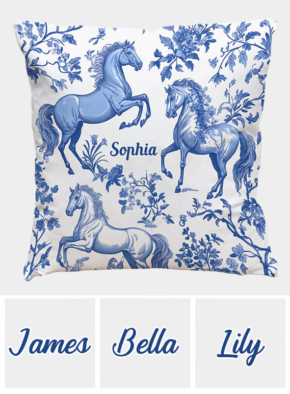 Coussin décoratif personnalisé à motif cheval bleu et blanc Toile de Jouy