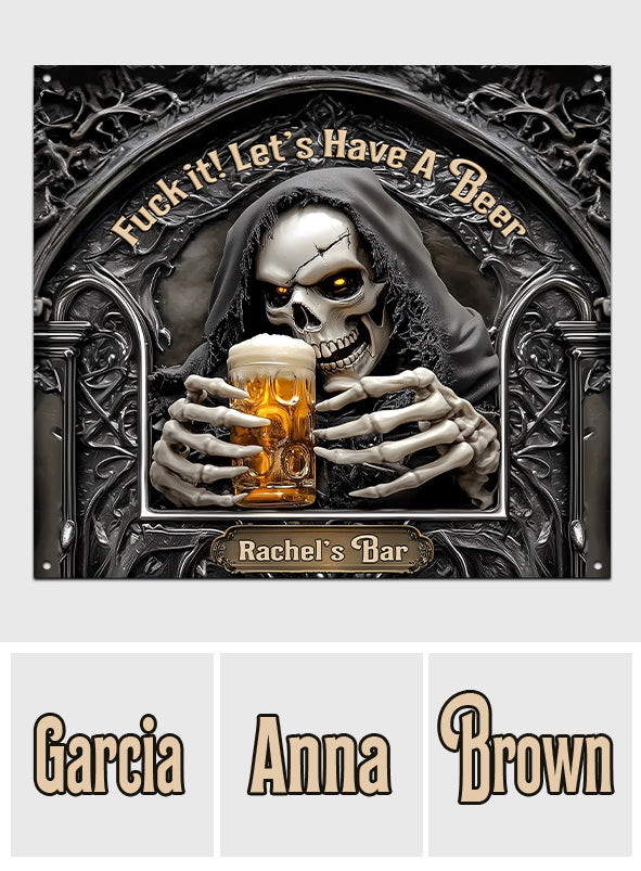 Prenons une bière ! – Panneau métallique personnalisé découpé à la forme de bière